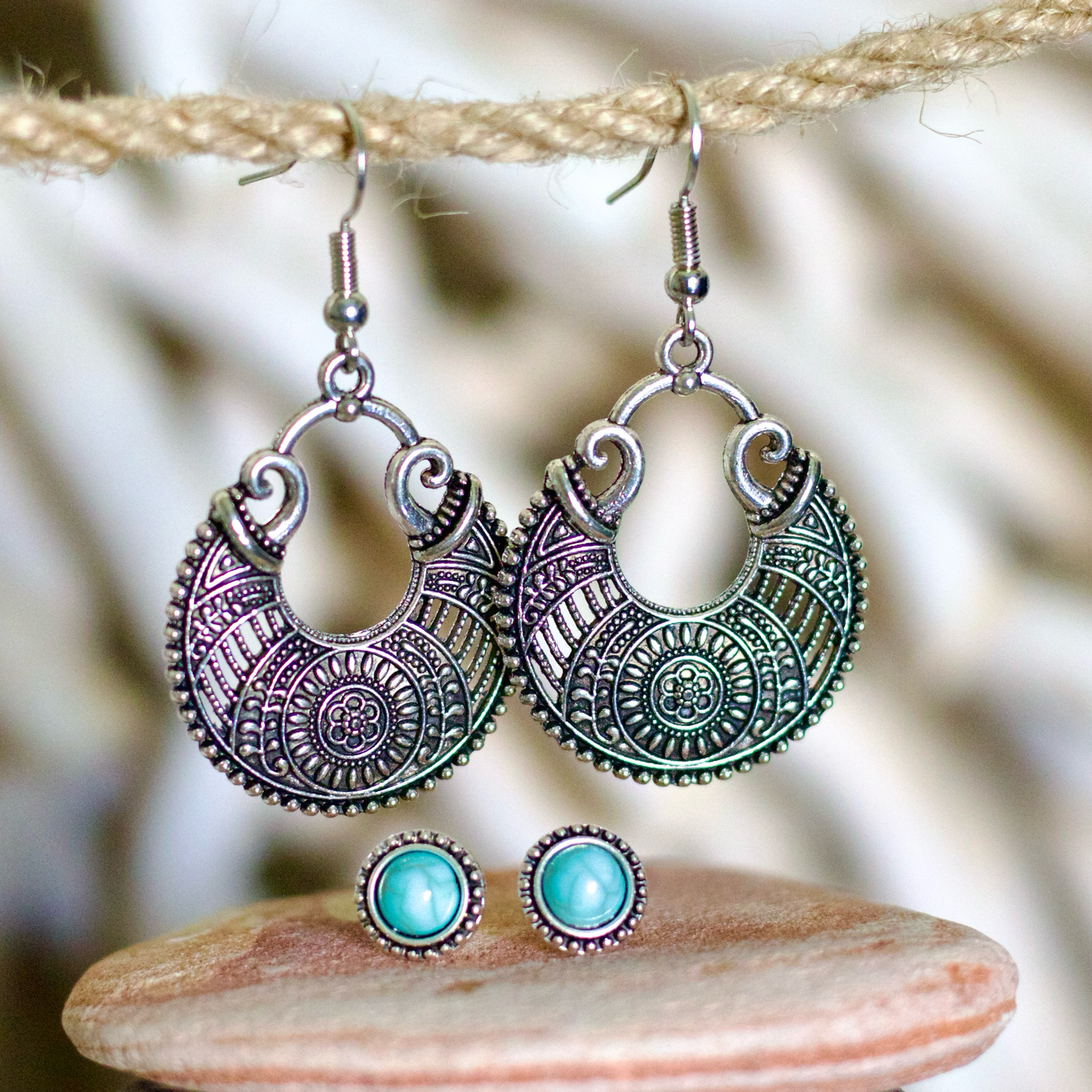 Turquoise Accent Hoop Earring Set – Vintage Boho Chic