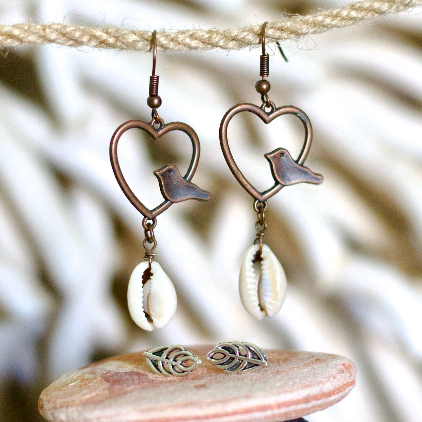 Bird & Shell Heart Earring Set – Romantic Boho Beauty