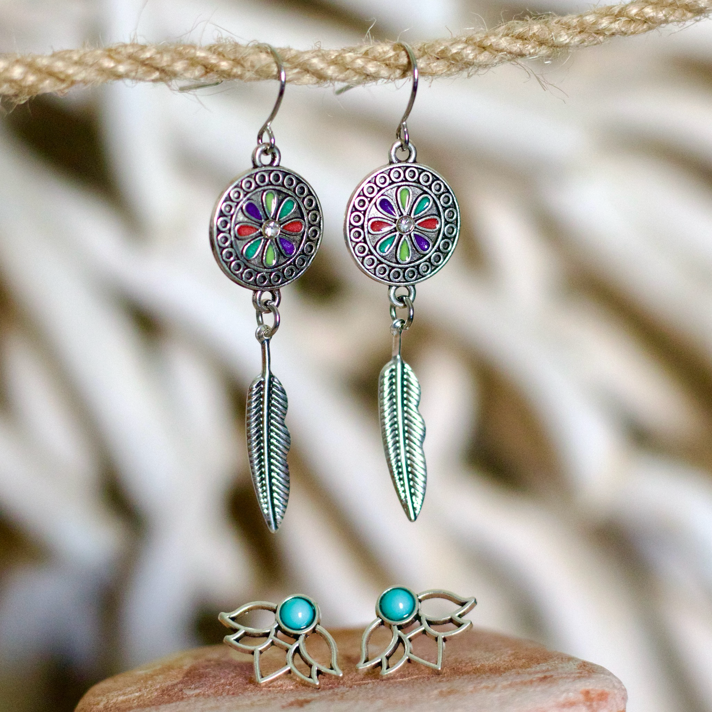 Feather & Floral Earring Set – Vibrant and Boho Chic