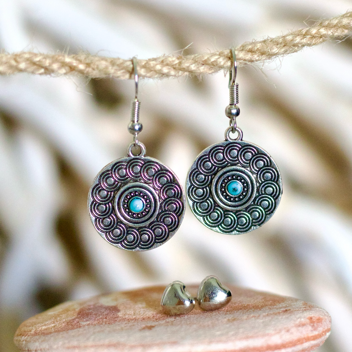 Boho Mandala Circle Earring Set – Bold Turquoise Charm