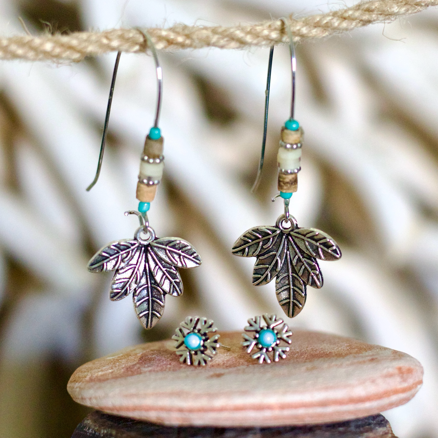 Leaf & Turquoise Bead Earring Set – Natural Boho Charm
