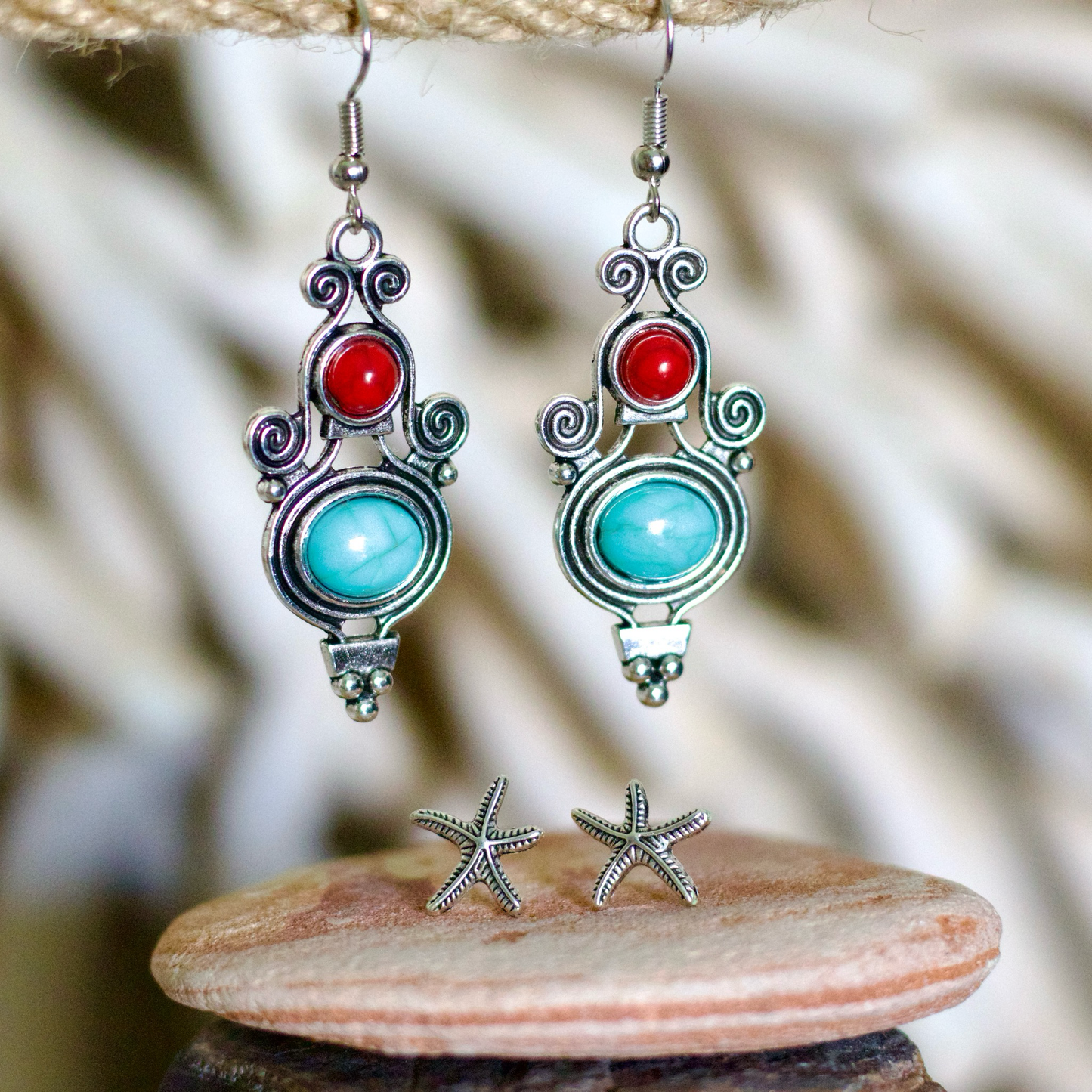 Turquoise & Red Stone Earring Set – Bold & Colourful