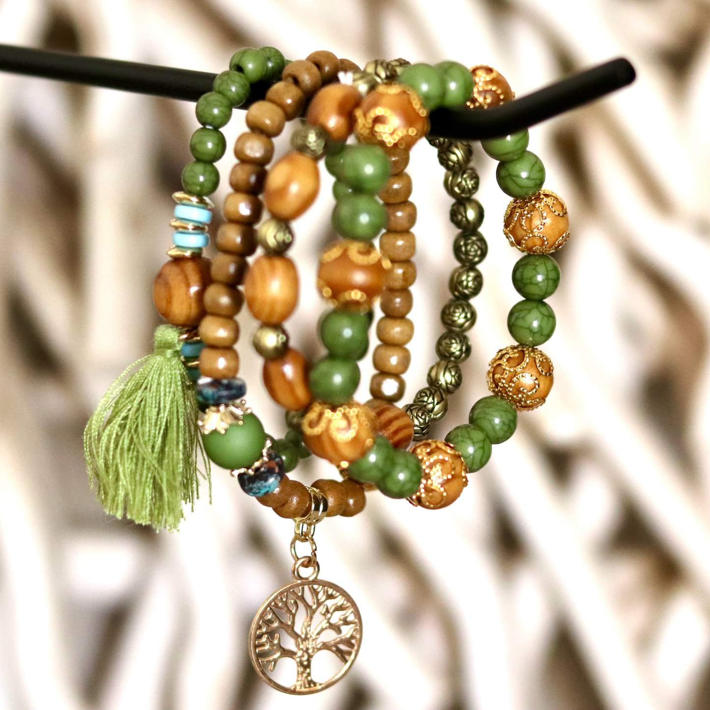 Green Boho Beaded Bracelet Set – Tree of Life Charm