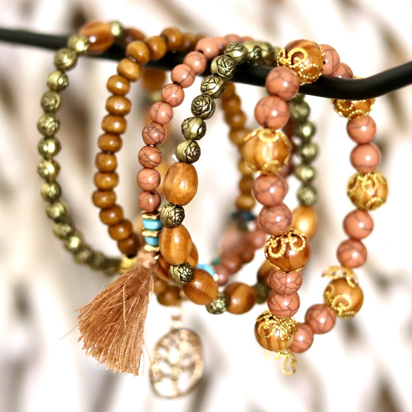 Boho Wooden & Gold Beaded Bracelet Set – Tree of Life Charm