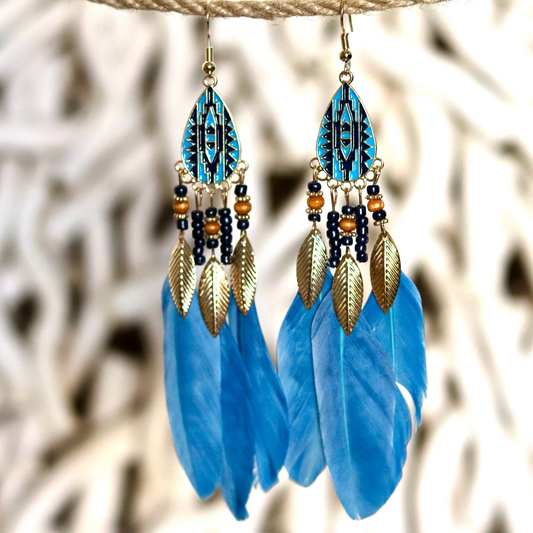 Bohemian-style statement blue feather earrings