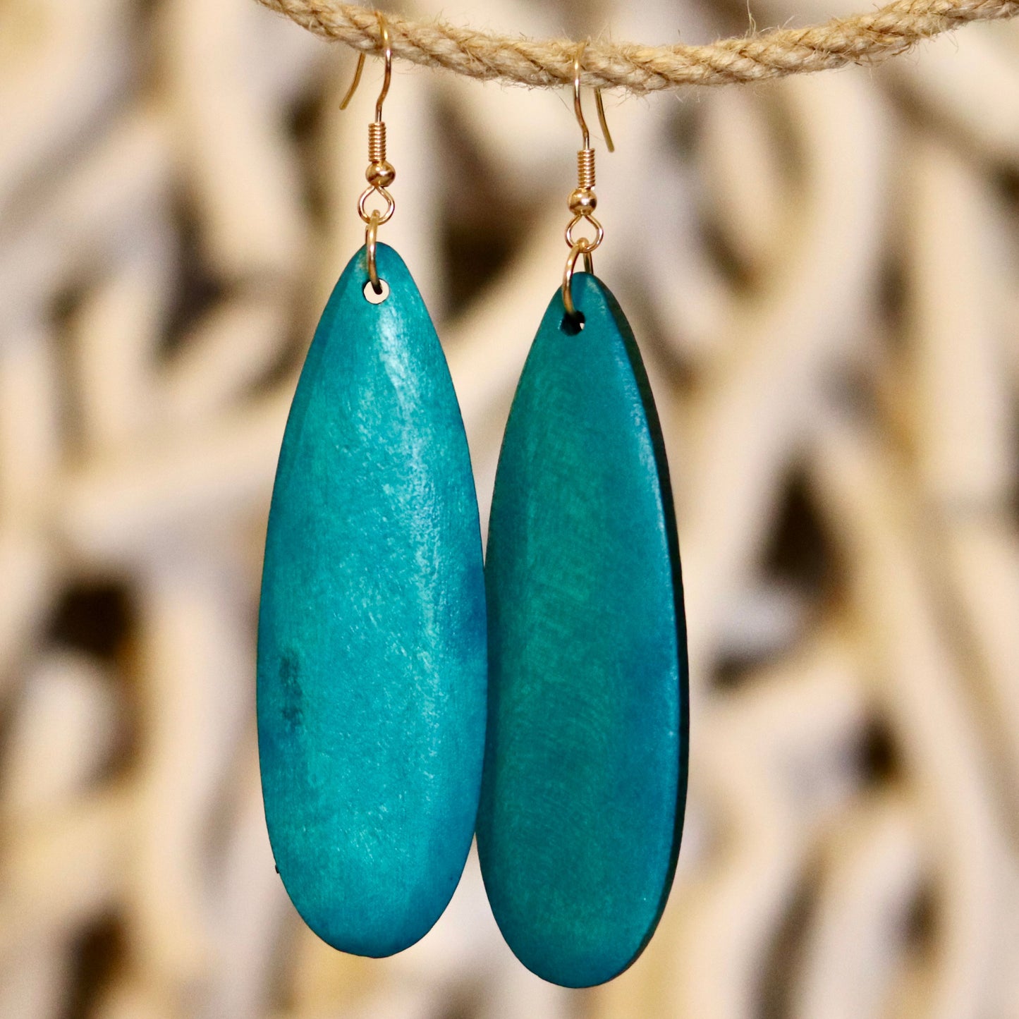 Turquoise Wooden Teardrop Earrings – Sleek & Elegant