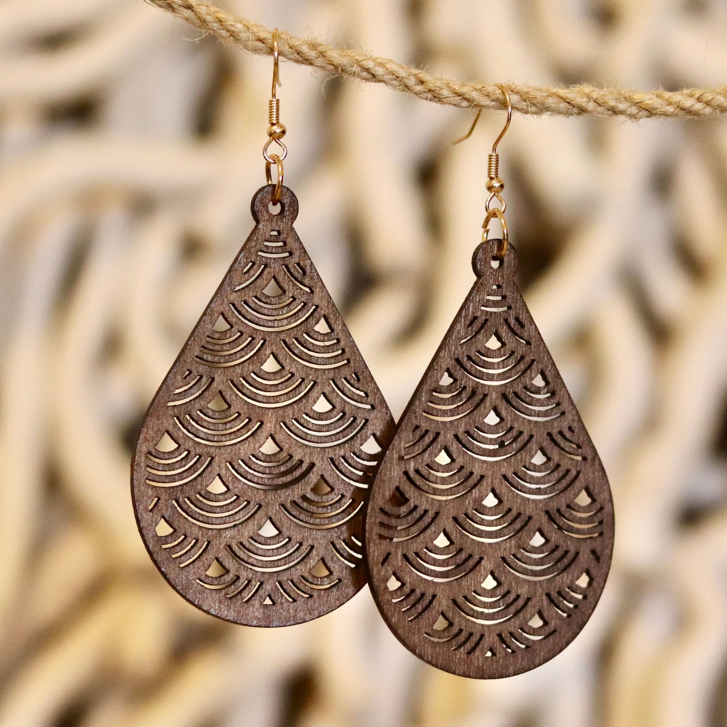 Boho Wooden Teardrop Earrings – Intricate & Lightweight