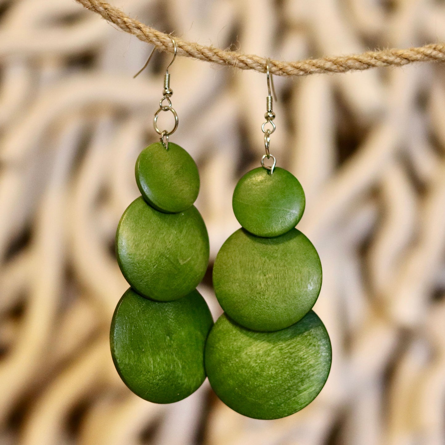 Layered Green Wooden Earrings – Bold & Earthy