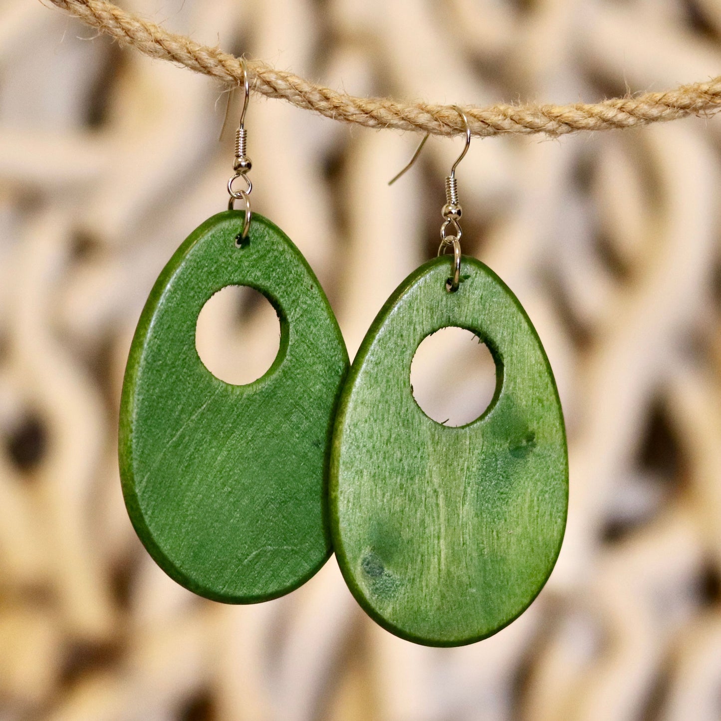 Green Open Oval Wooden Earrings – Minimalist & Modern