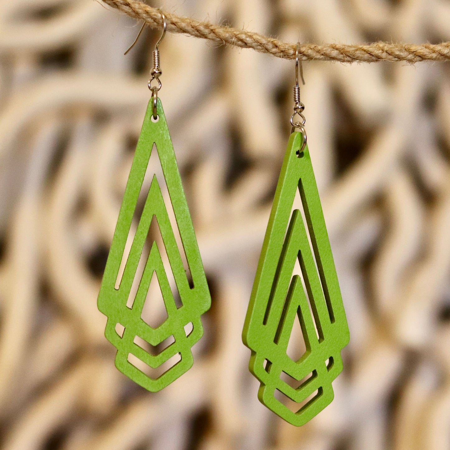 Geometric Green Wooden Earrings – Bold & Lightweight