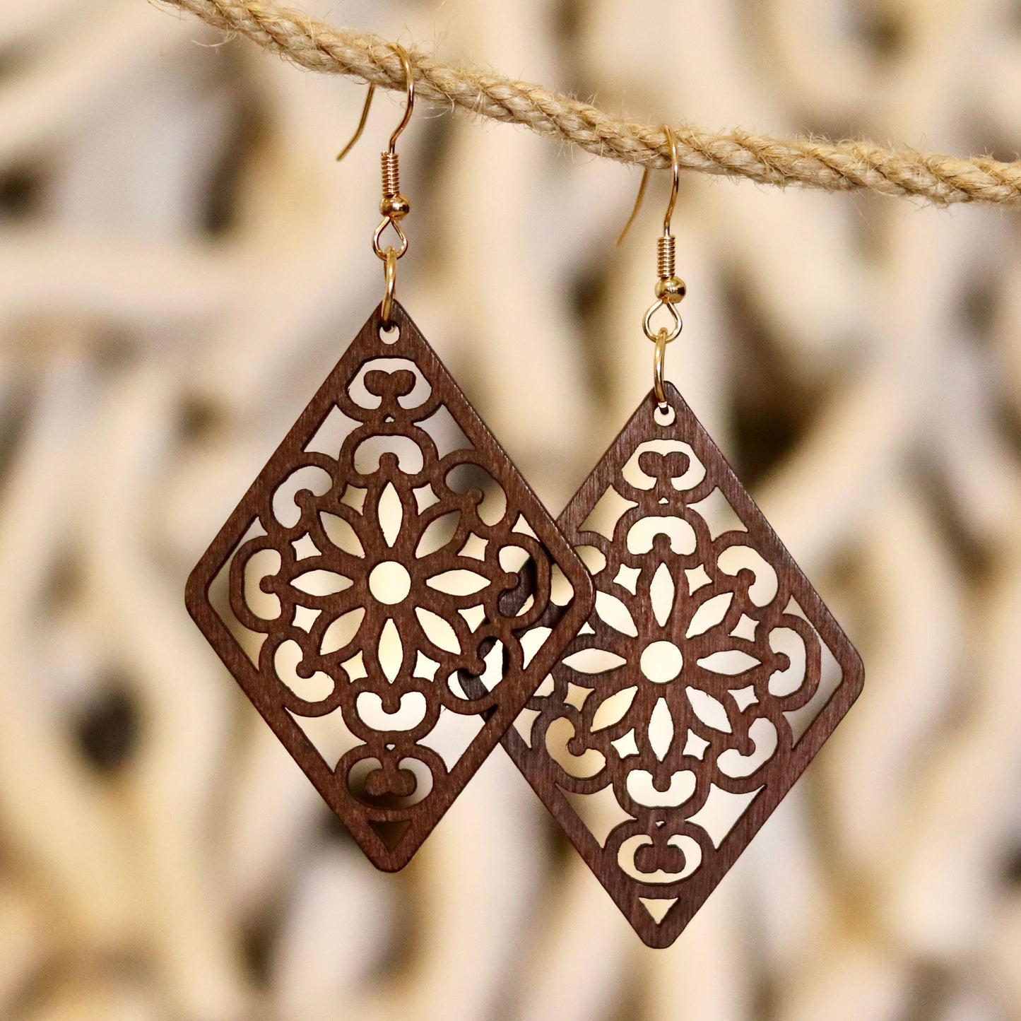 Geometric Floral Wooden Earrings – Elegant & Lightweight