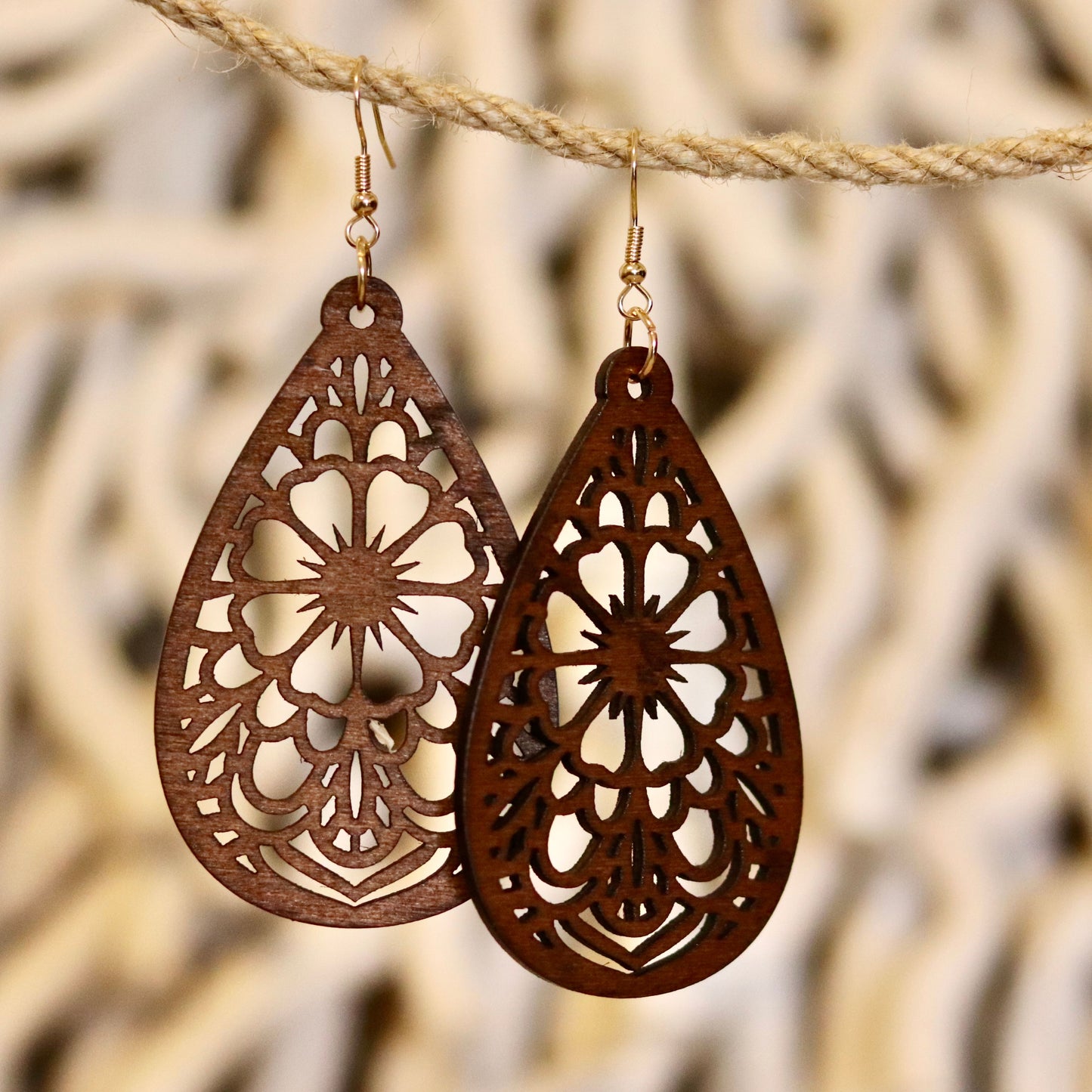 Floral Filigree Wooden Teardrop Earrings – Elegant & Light