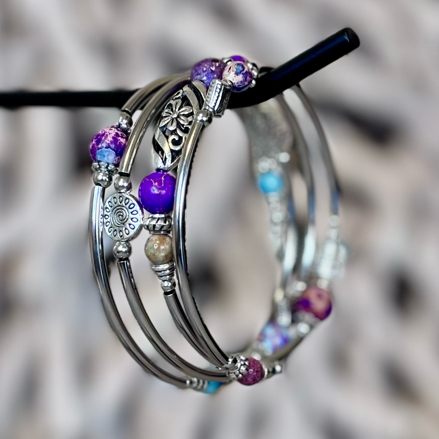 Mystic Purple & Silver Beaded Wrap Bracelet