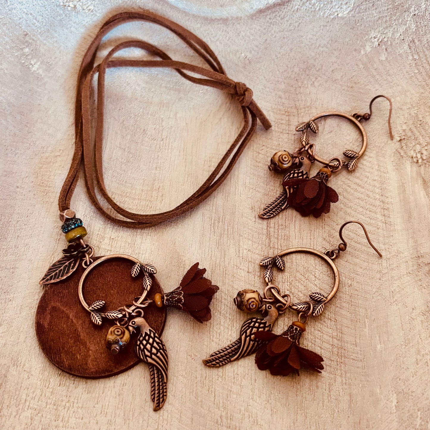 Boho Bird & Floral Necklace and Earring Set