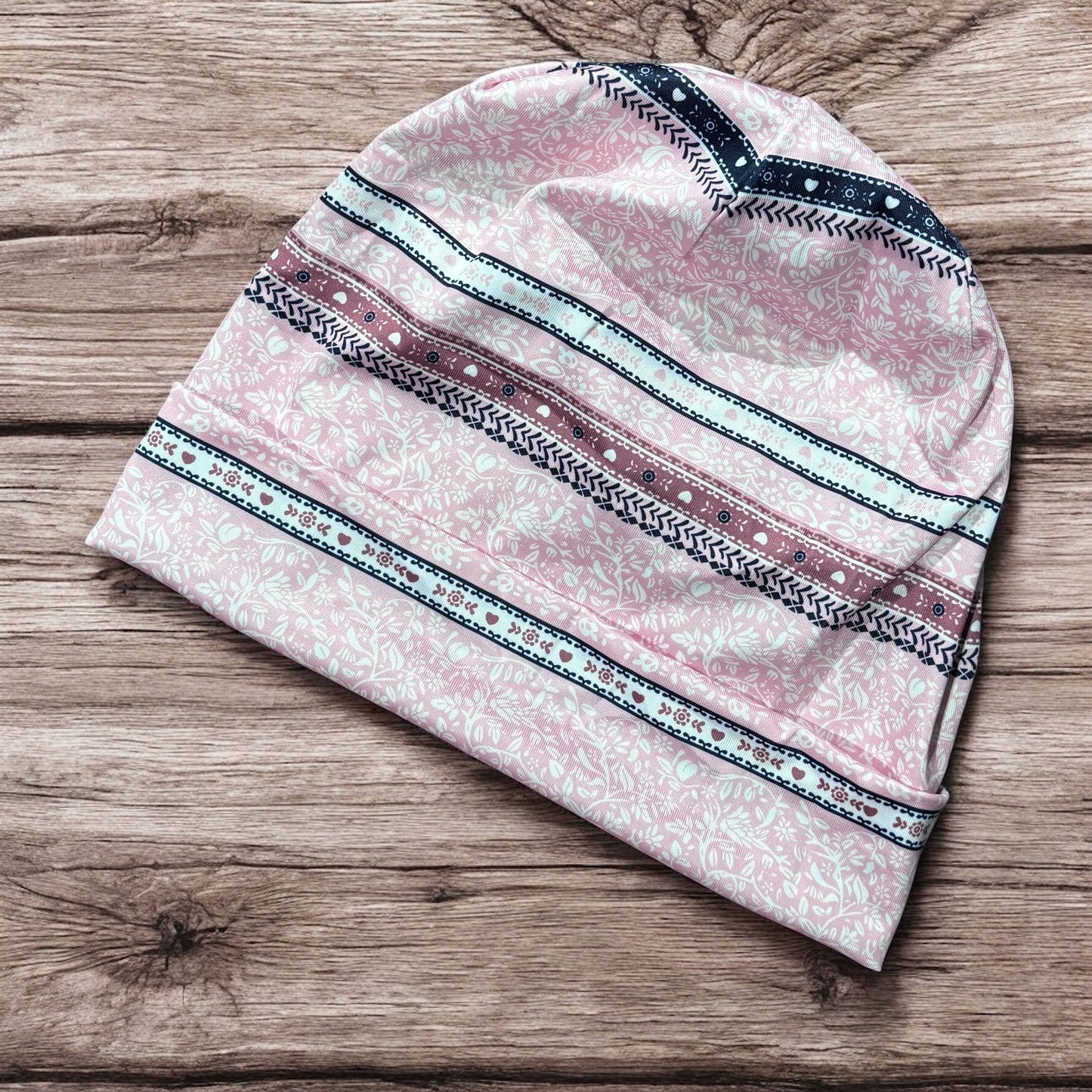 Soft Rose Boho Stripe Beanie – Delicate & Dreamy