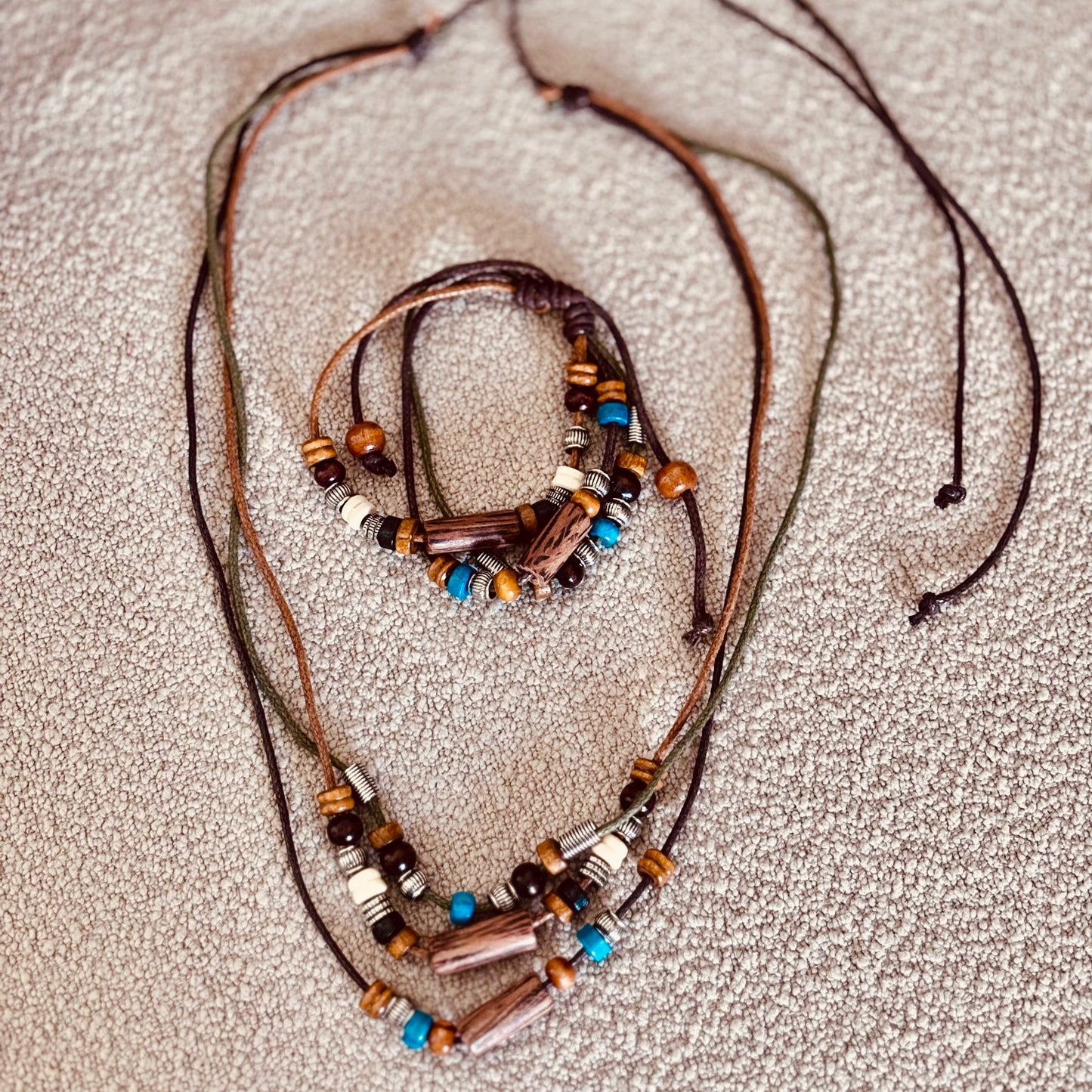 Boho Leather Beaded Necklace and Bracelet Set