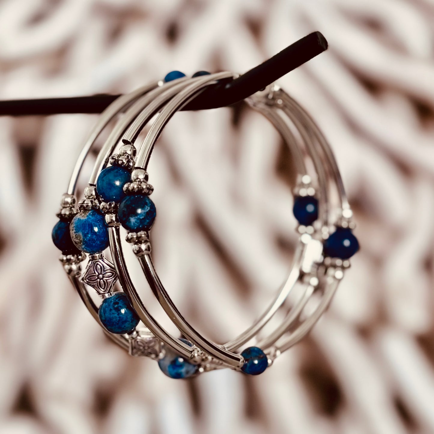 Lapis Lazuli Silver Bangle Set - Chic Boho Elegance