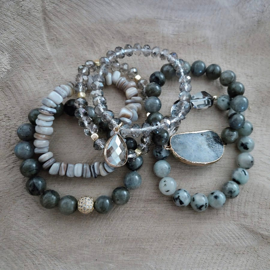 Grey/Green Gemstone & Crystal 6-Piece Bracelet Set