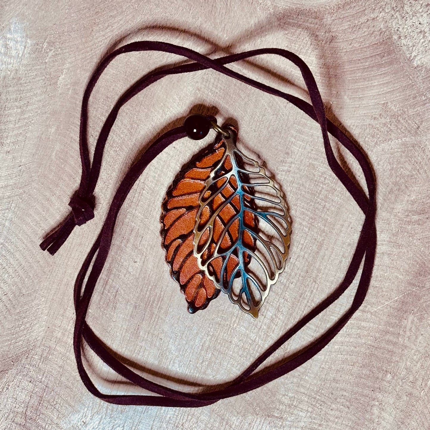 Copper & Silver Leaf Suede Necklace – Organic & Elegant