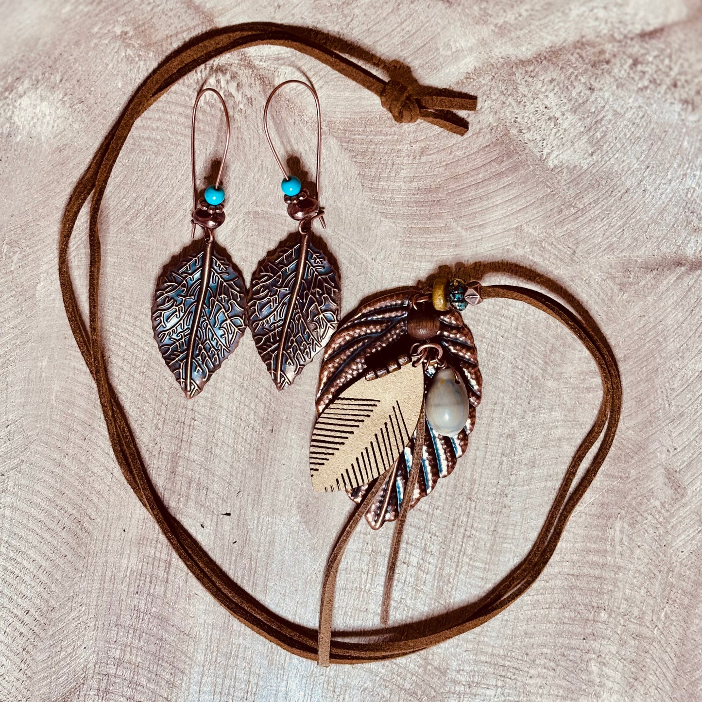 Turquoise & Copper Leaf Suede Jewelry Set – Earthy & Chic