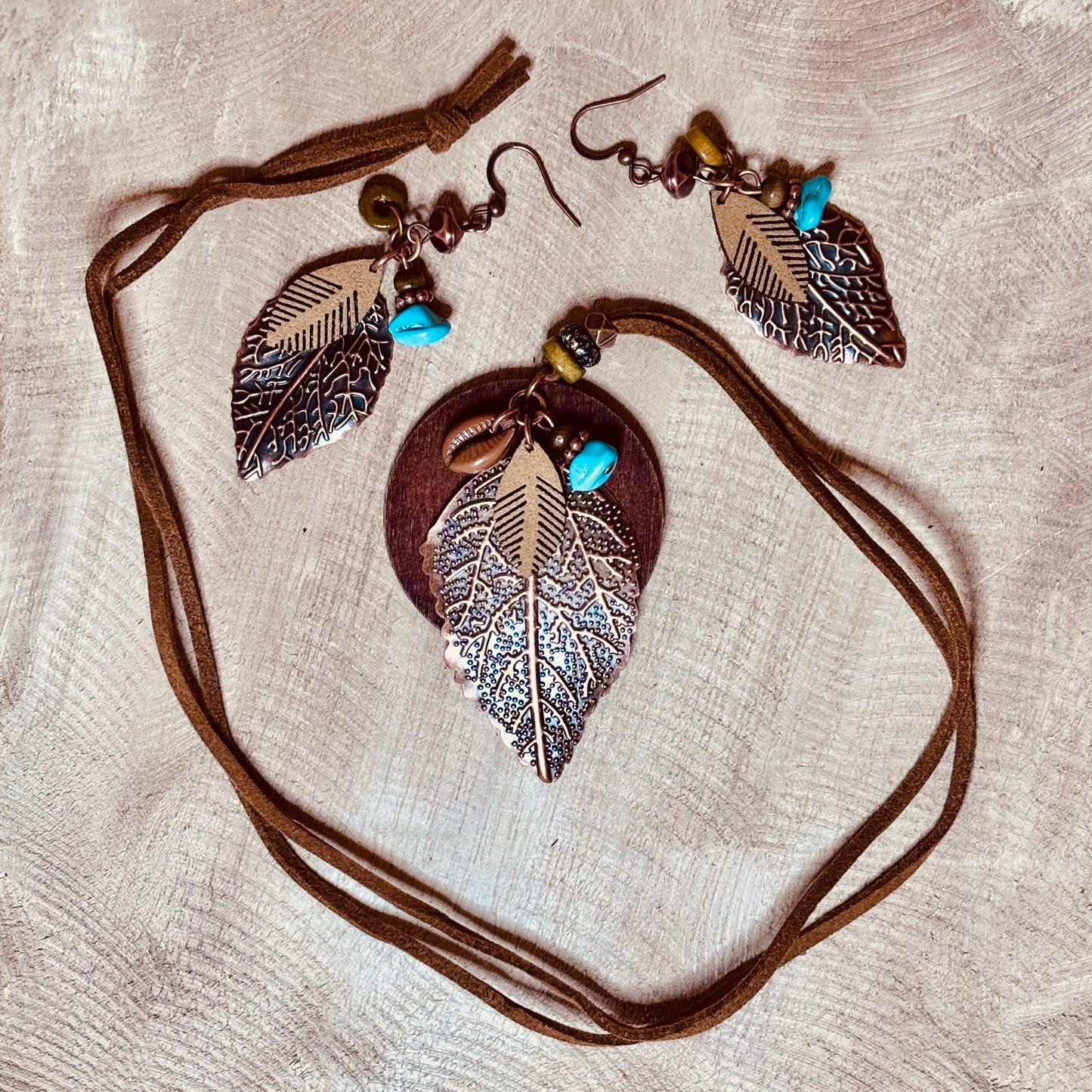 Turquoise & Copper Leaf Suede Jewellery Set – Boho Chic