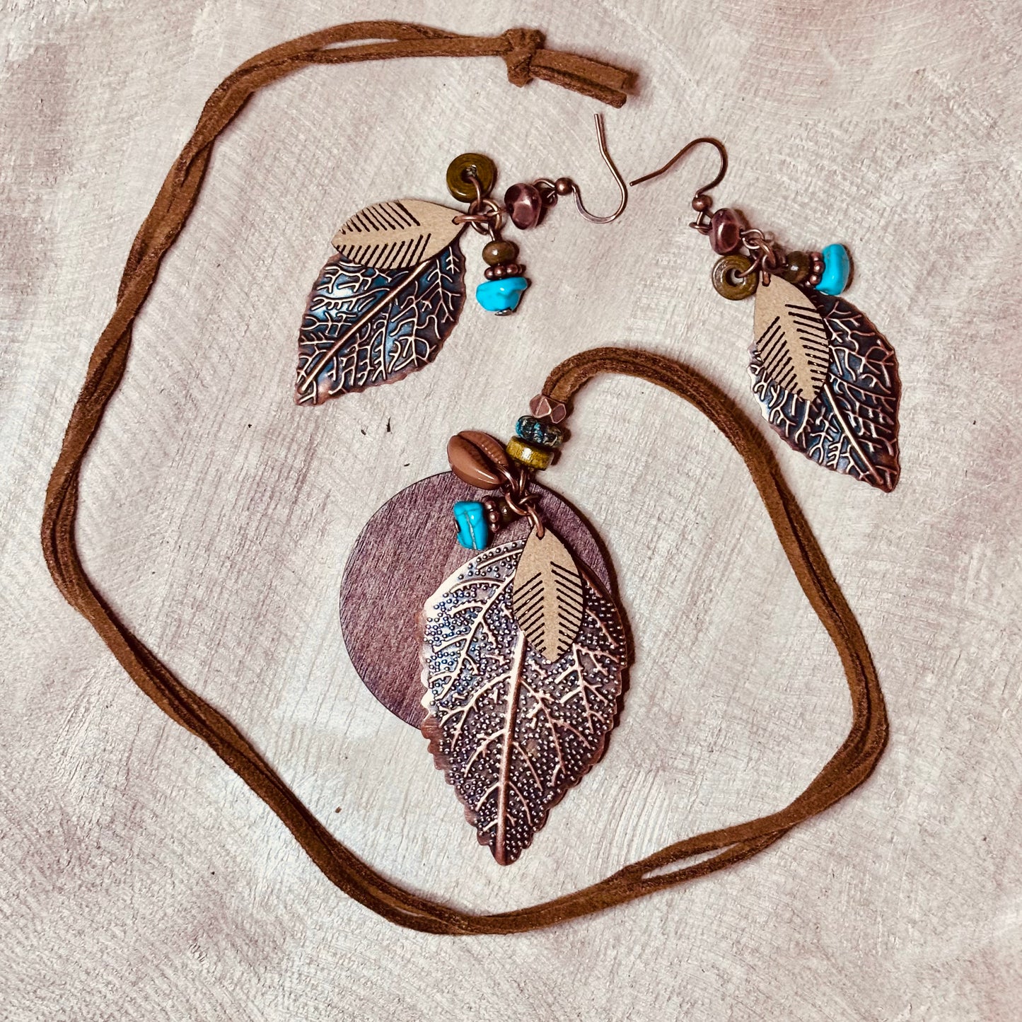 Coffee Bean & Turquoise Leaf Suede Set – Earthy & Energising