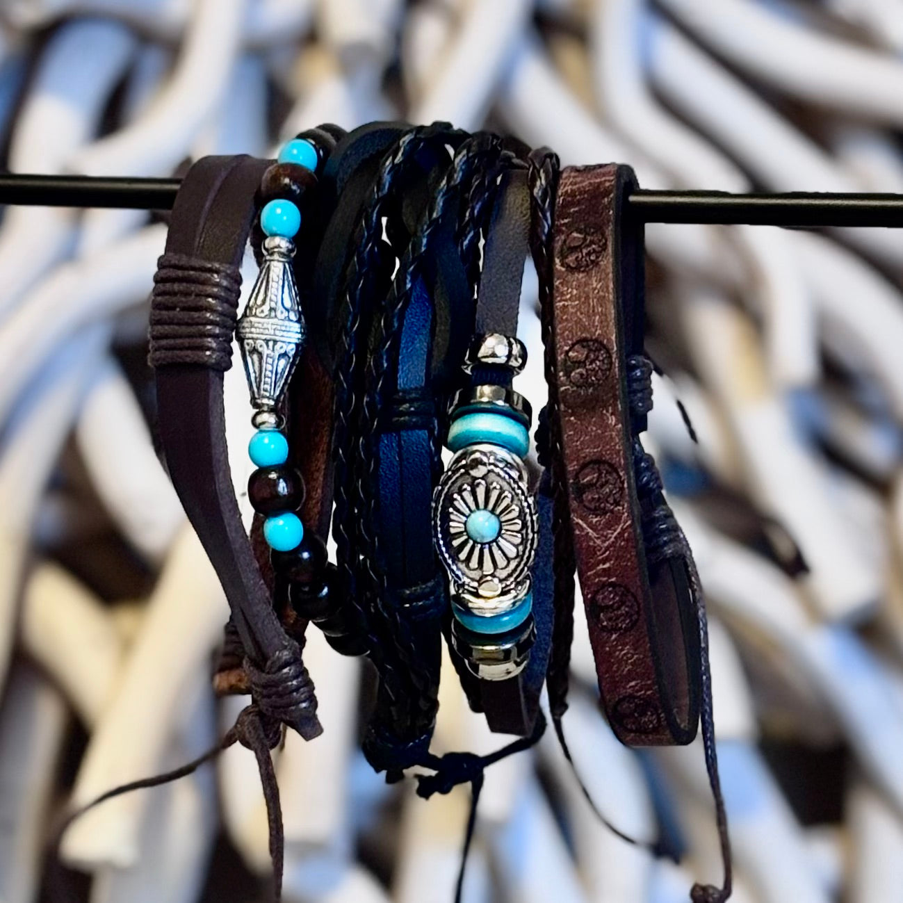 Tribal Bloom Leather Stack – Turquoise Beads & Boho Peace