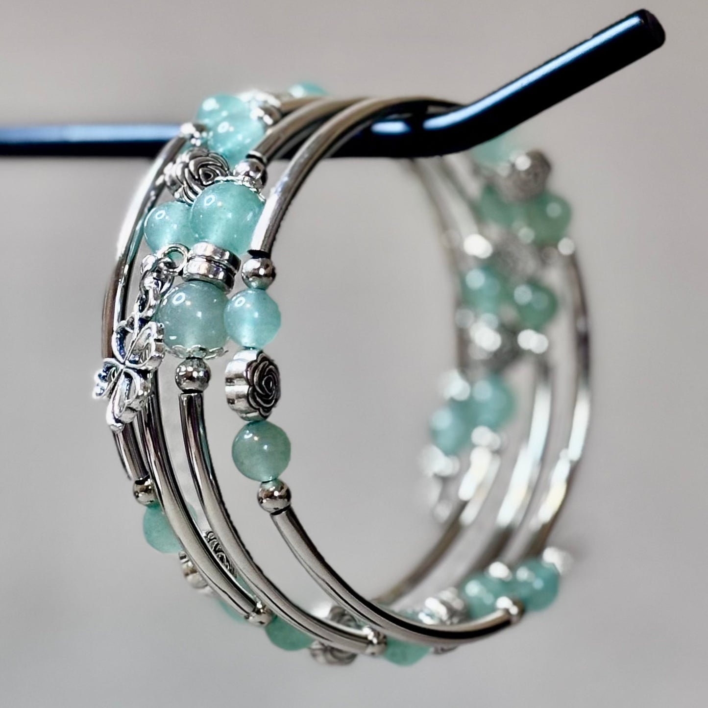 Pale Green Aventurine Layered Bracelet with Clover Charm – Tranquil & Lucky