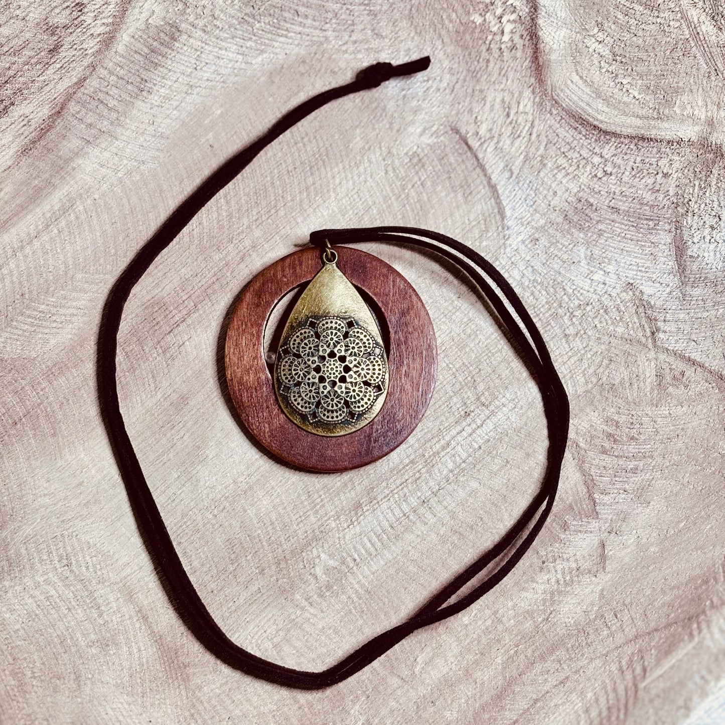 Golden Bloom Pendant – Rustic Wood & Antique Brass