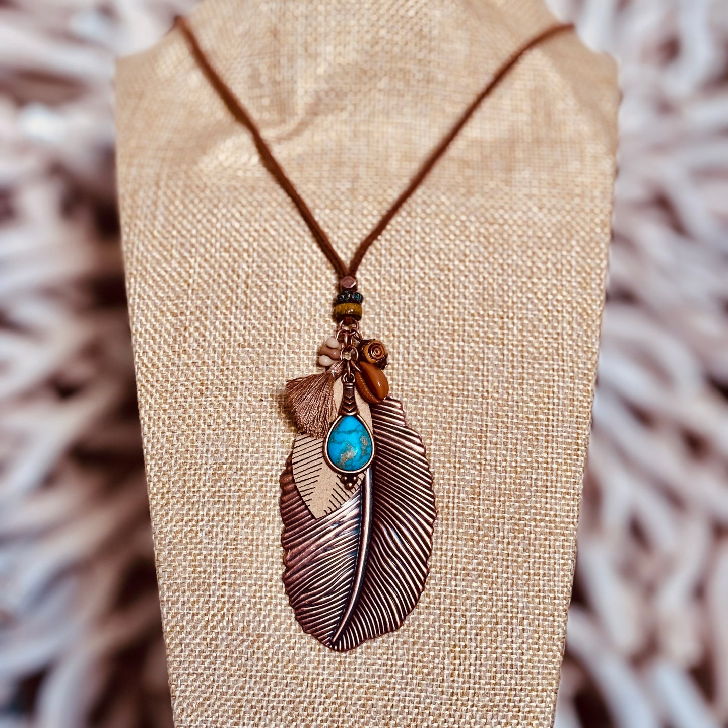 Boho Leaf Pendant Necklace with Turquoise Stone and Charms
