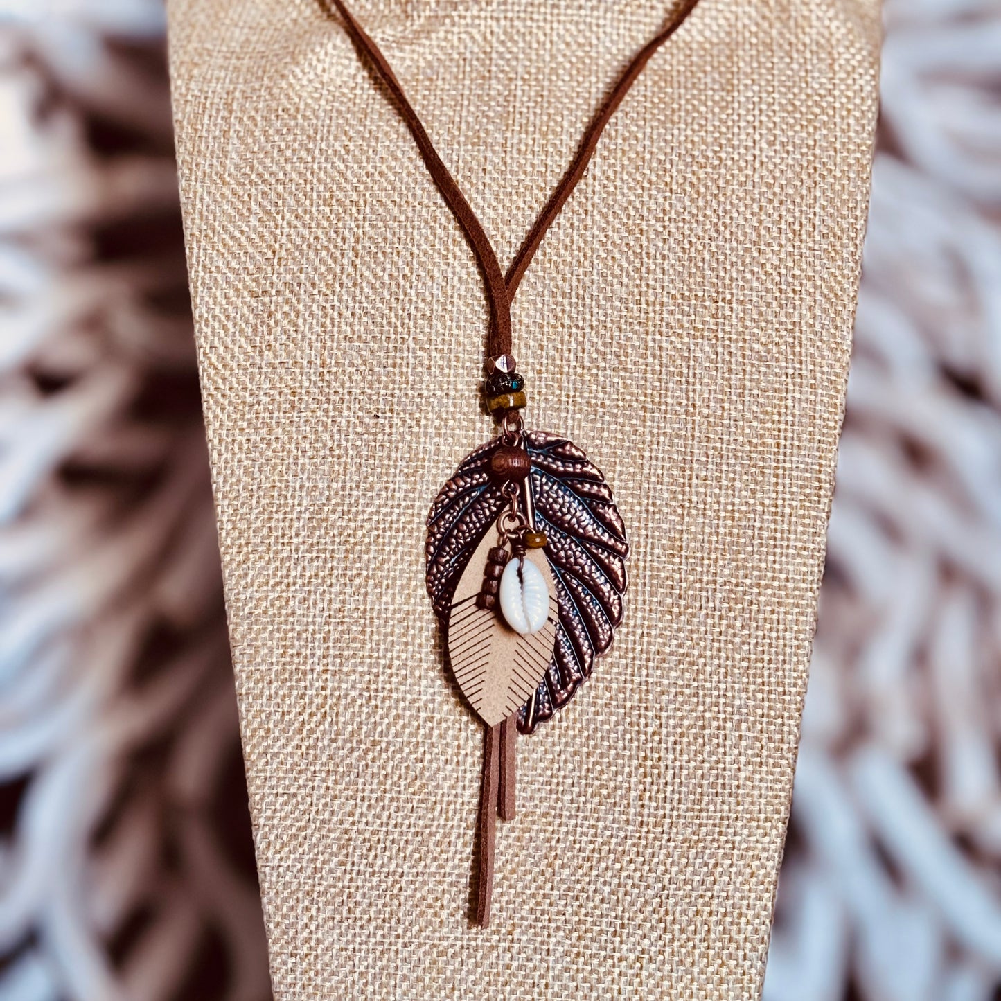 Boho Leaf Pendant Necklace with Leather Cord and Shell Charm