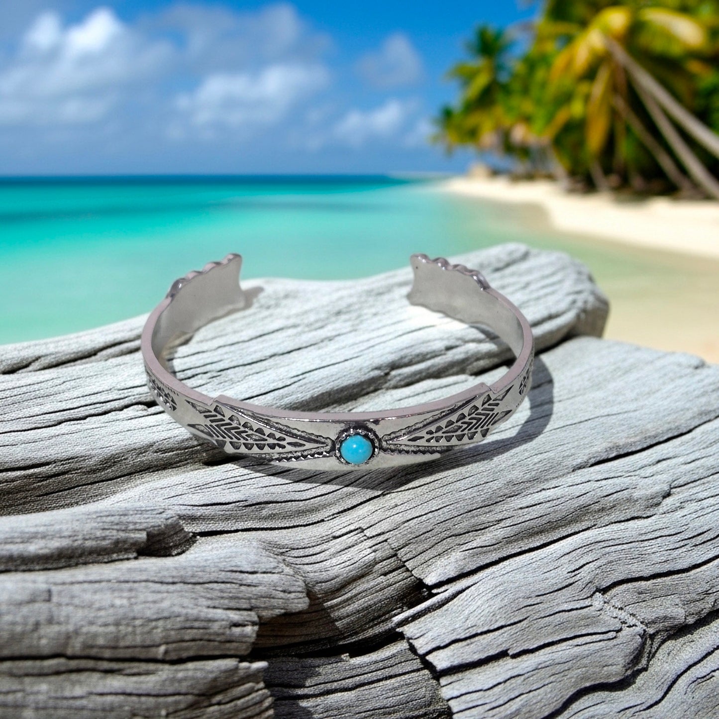Silver Feather Cuff Bracelet With Turquoise Stone