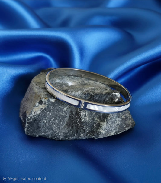 Mother Of Pearl Silver Bangle With Enamel Detail