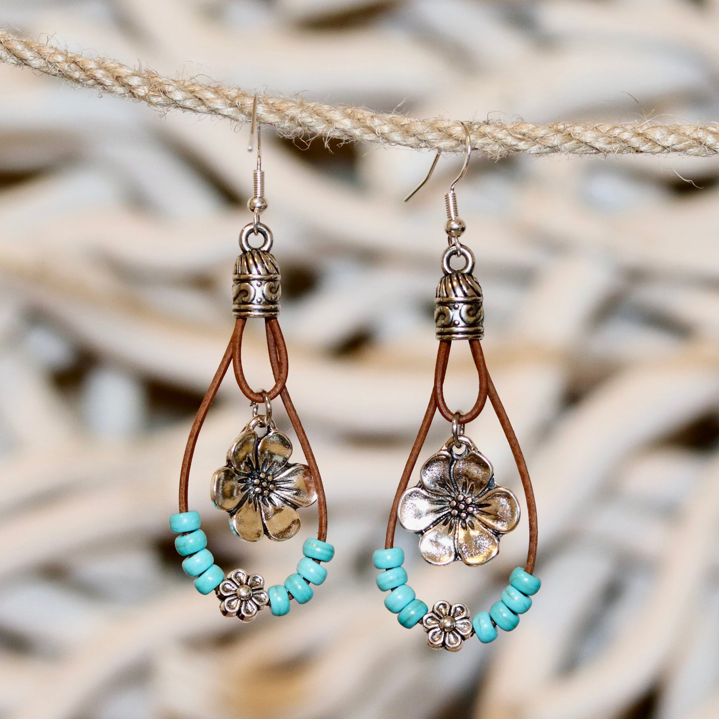 Bohemian Blossom Leather & Bead Earrings - Earthy & Fresh