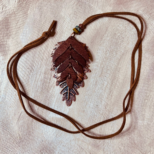 Boho Leaf Pendant Necklace with Copper and Brown Tones