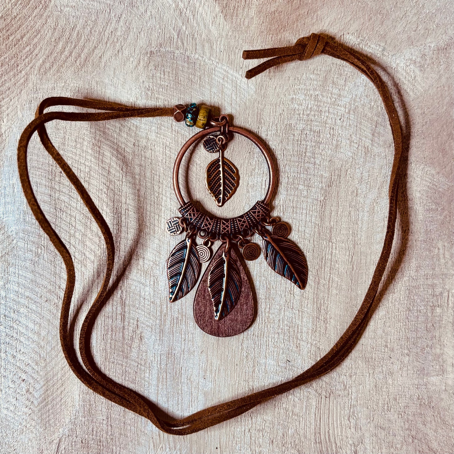 Boho Feathered Pendant Necklace with Leather Cord