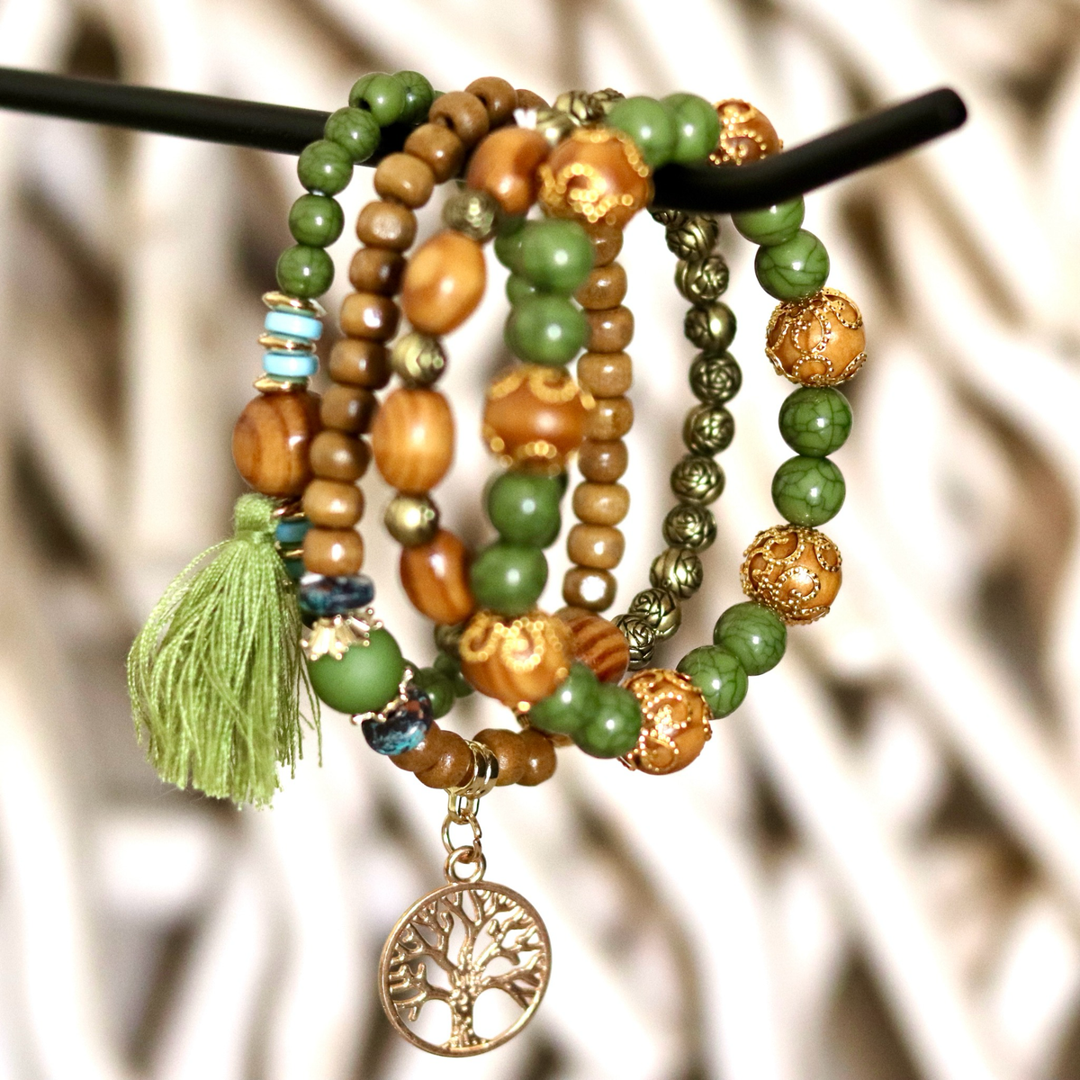 Green Boho Beaded Bracelet Set – Tree of Life Charm – Bohohoo
