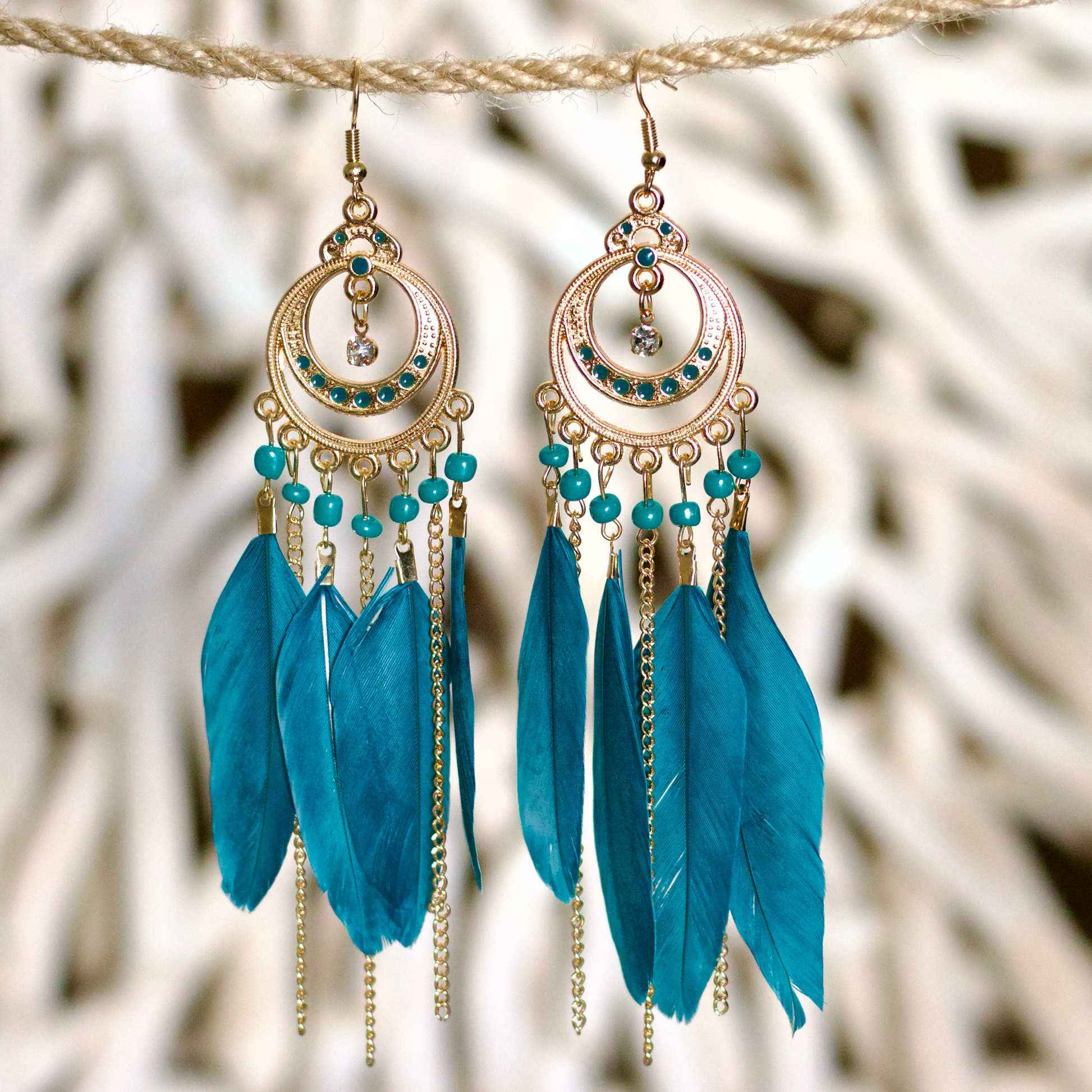 Turquoise Feathered Boho Earrings – Free-Spirited Elegance – Bohohoo