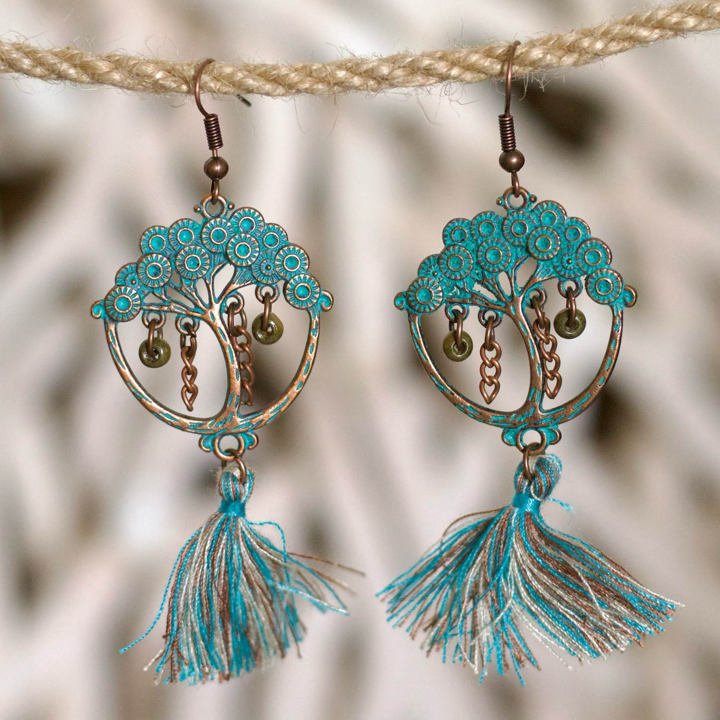 Boho Tree of Life Tassel Earrings – Earthy & Elegant
