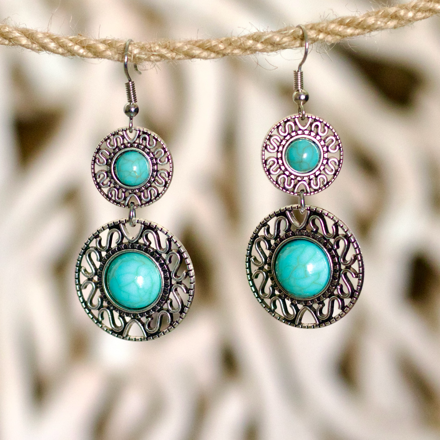 Turquoise Filigree Double Drop Earrings – Vintage Elegance