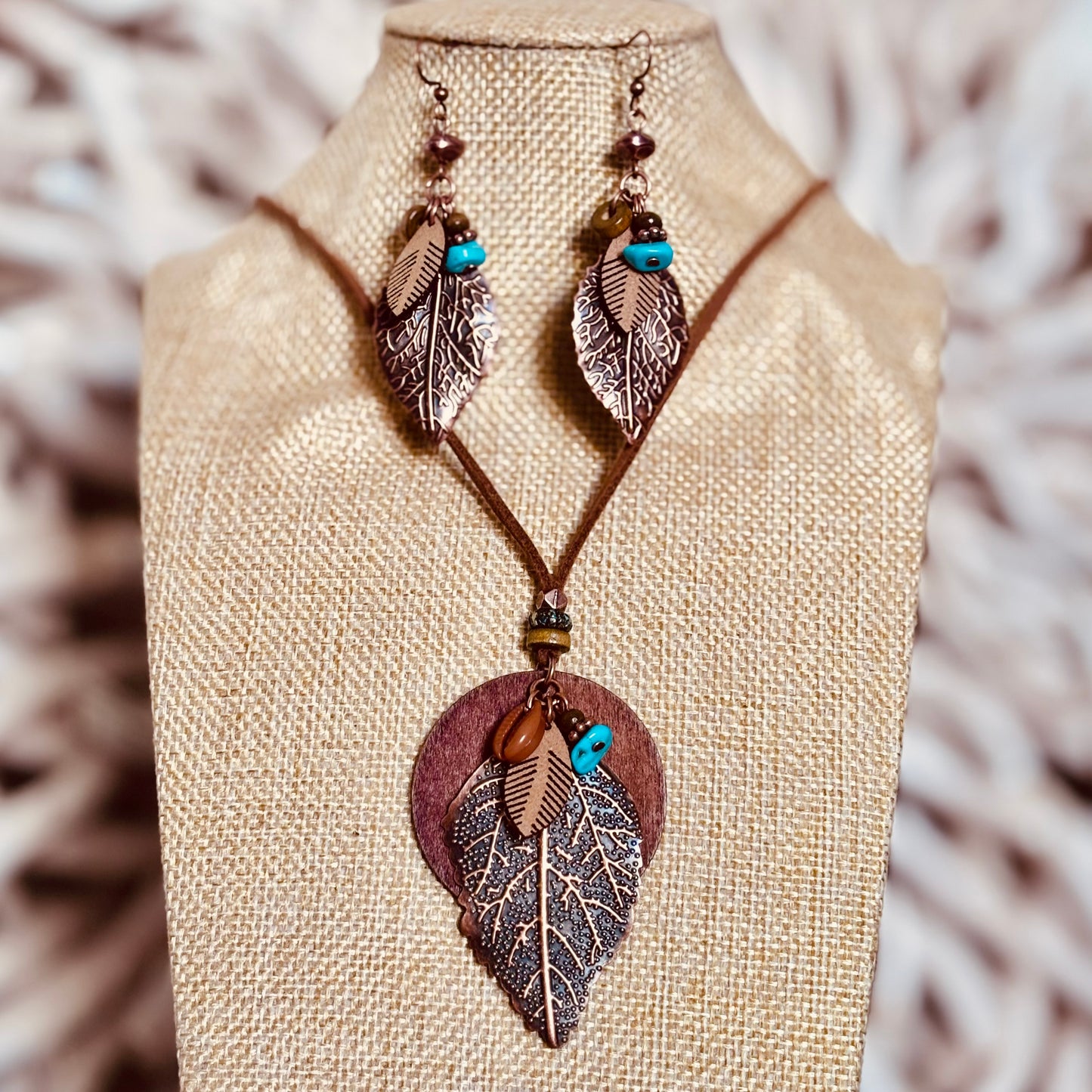 Leaf Pendant Necklace & Earrings Set with Turquoise Beads