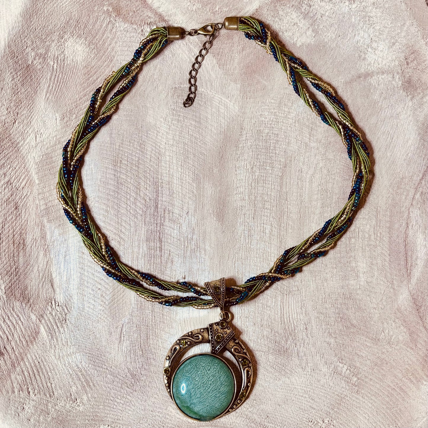 Boho Green and Blue Braided Necklace with Circular Pendant