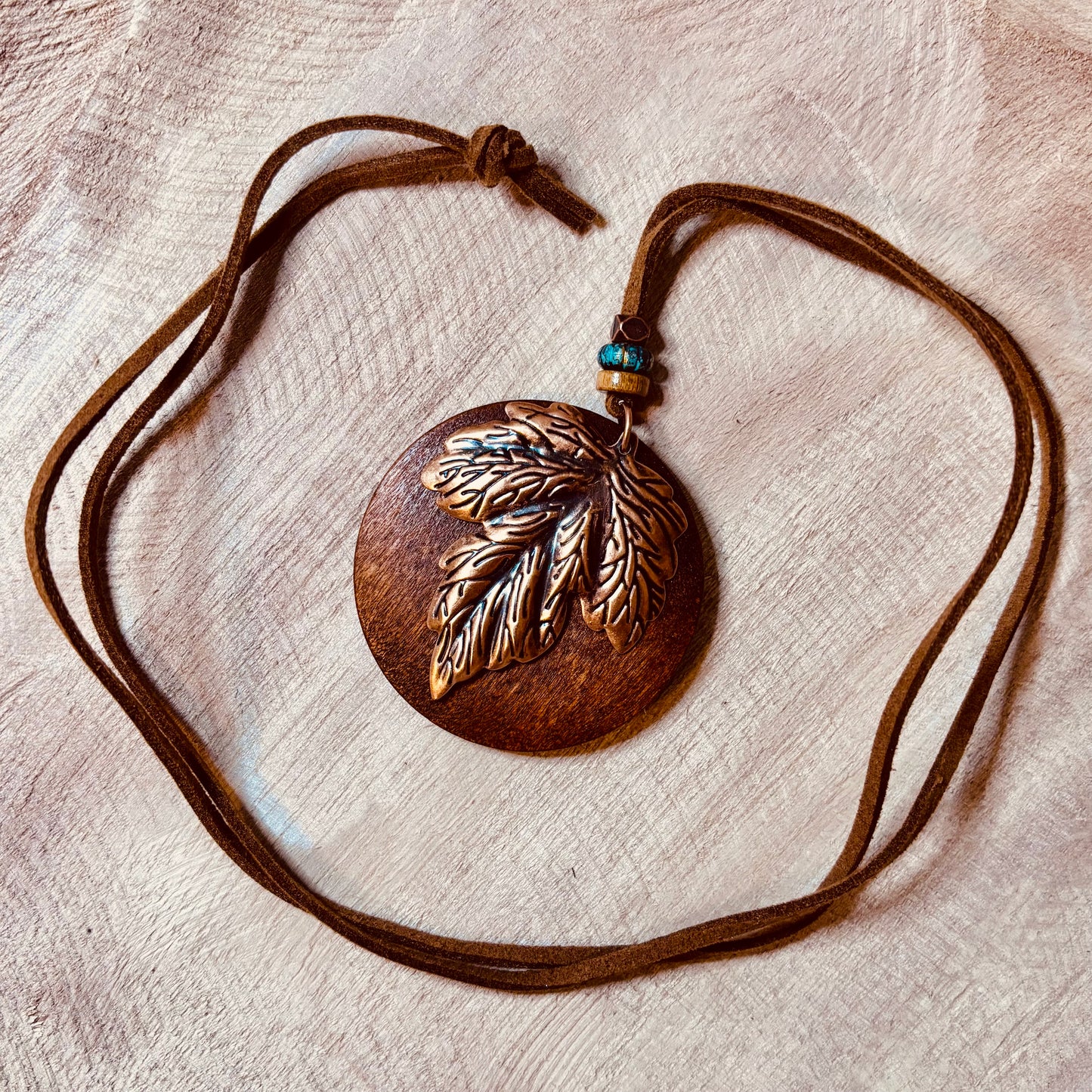Boho Leaf Pendant Necklace with Brown Leather Cord