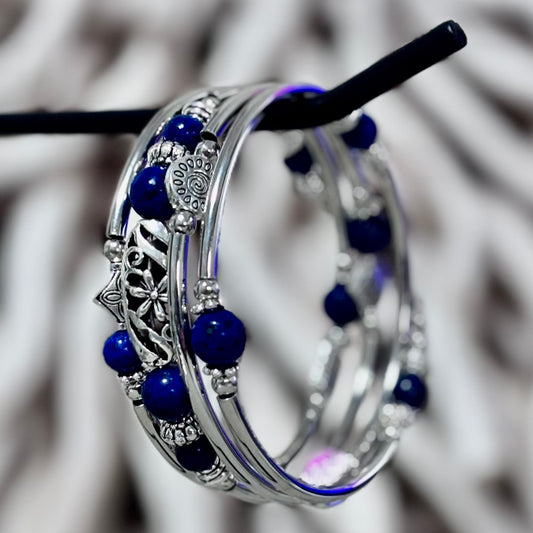 Midnight Lapis Bangles – Deep Blue Stone & Silver Detailing