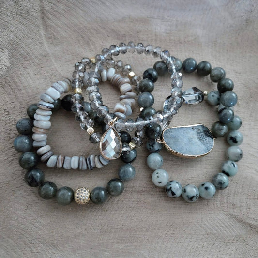 Grey/Green Gemstone & Crystal 6-Piece Bracelet Set