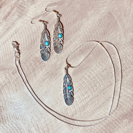 Feather & Turquoise Necklace & Earrings Set – Bohemian Elegance