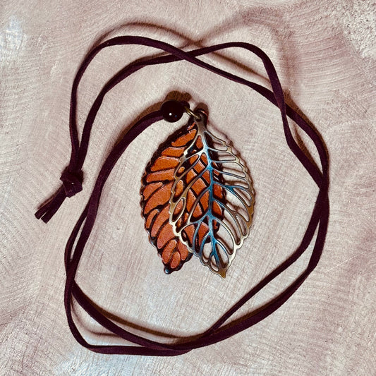 Copper & Silver Leaf Suede Necklace – Organic & Elegant