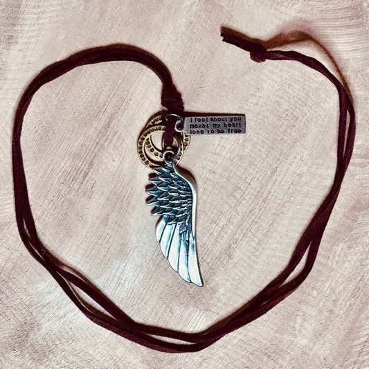 Winged Freedom Suede Necklace with Sentiment Tag – Hopeful & Airy