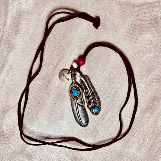 Turquoise Feather Suede Necklace with Handmade Tag – Bohemian & Genuine