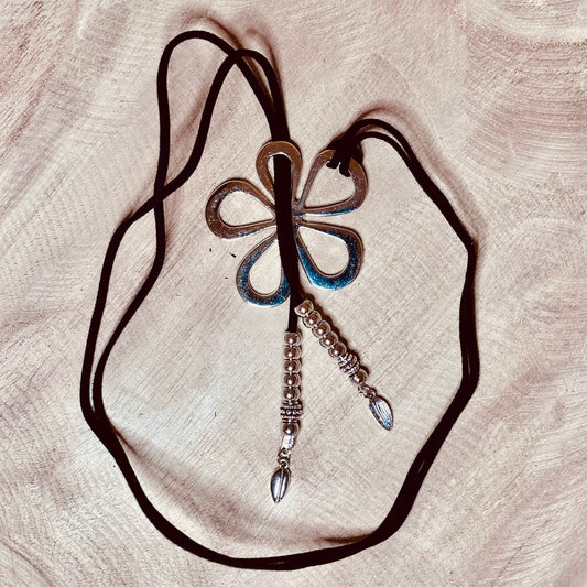 Silver Flower Tassel Suede Necklace – Playful & Boho